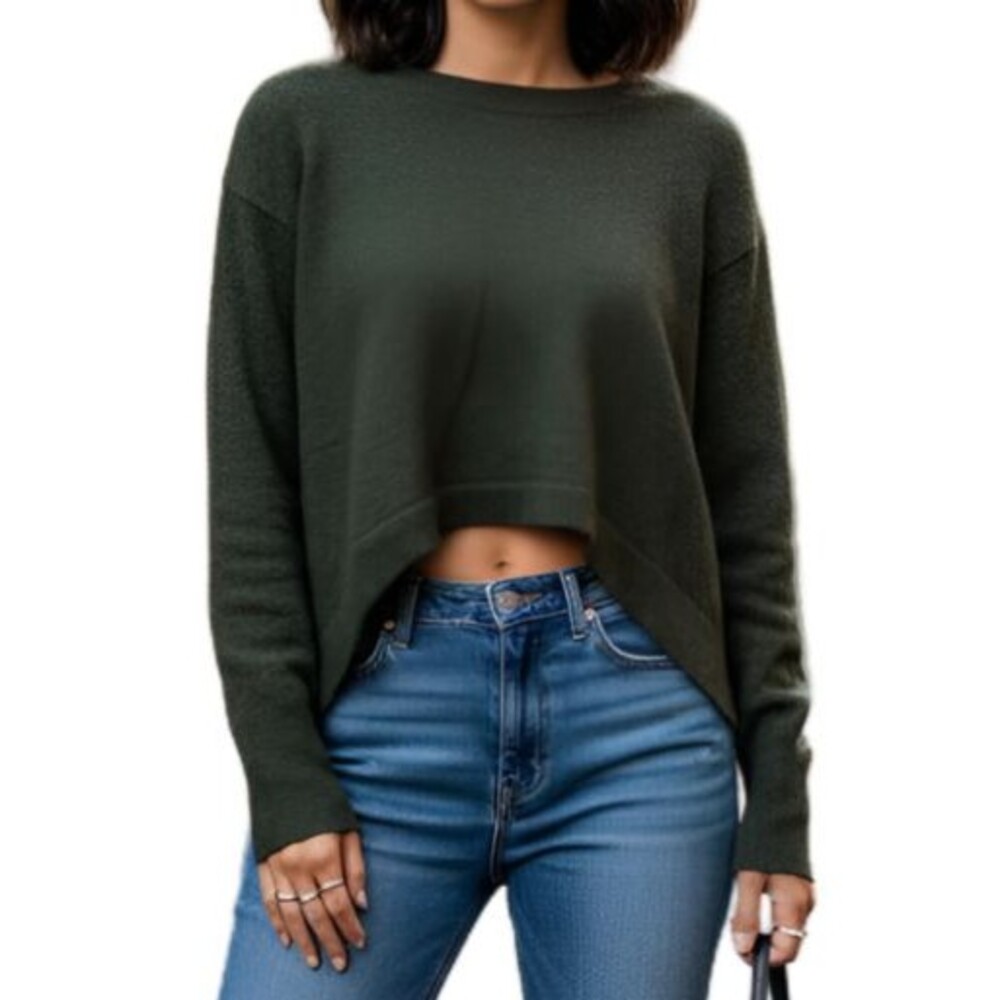 Anthropologie Cropped Sweater Women Small Green Knit Long Sleeve Sharkbite Hem